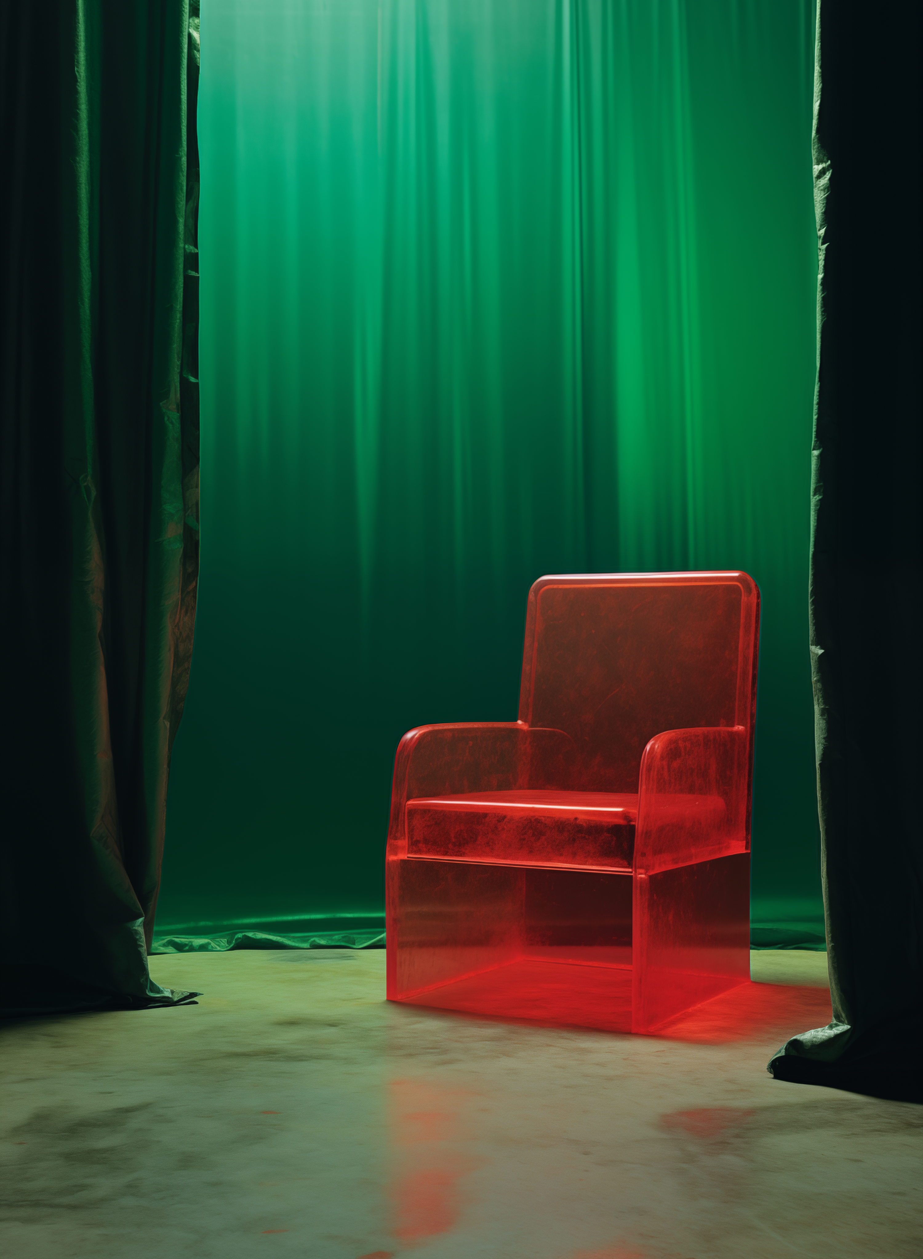 dovia_______a_green_chair_in_front_of_a_red_curtain_in_the_styl_ecb52182-67af-4765-97f7-4f1501df534c